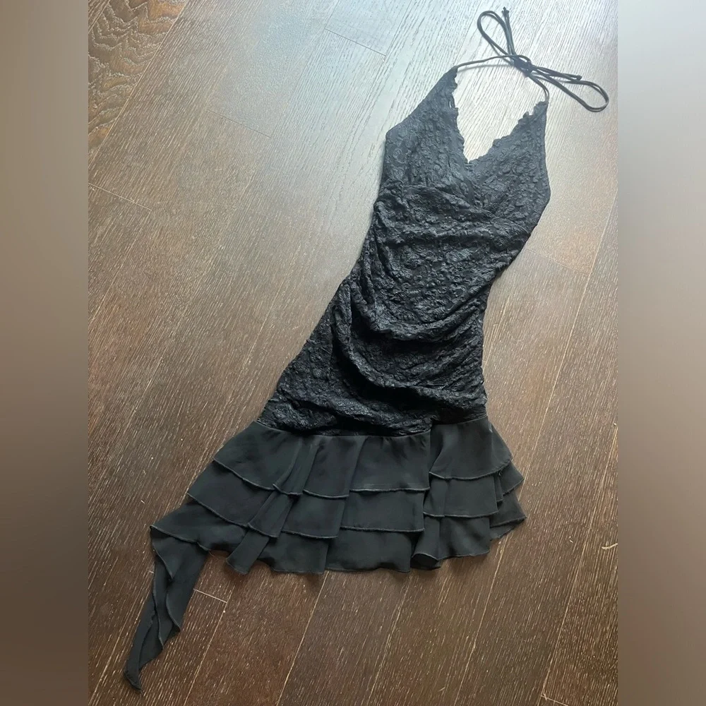 Vintage Black lace halter tie-up asymmetrical evening dress XS - Picture 13 of 15